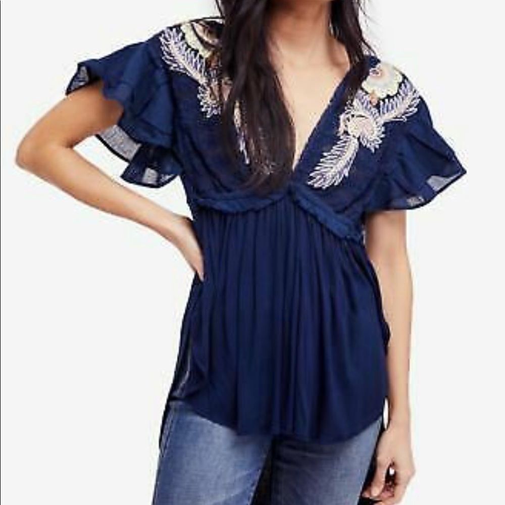 NWT free‎ people boho embroidered v neck flutter sleeve blouse